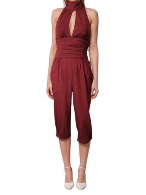 BEBE Red Jumpsuit Cropped Rust Halter Neck Keyhole Sleeveless Pleated Small